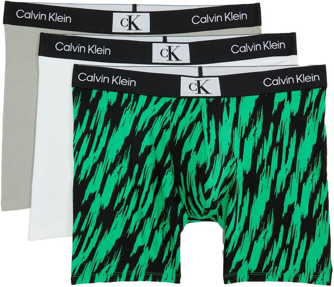 

Боксеры Calvin Klein 1996 Cotton Boxer Brief 3-Pack, цвет White/Authentic Grey/Tiger Print/Island Green