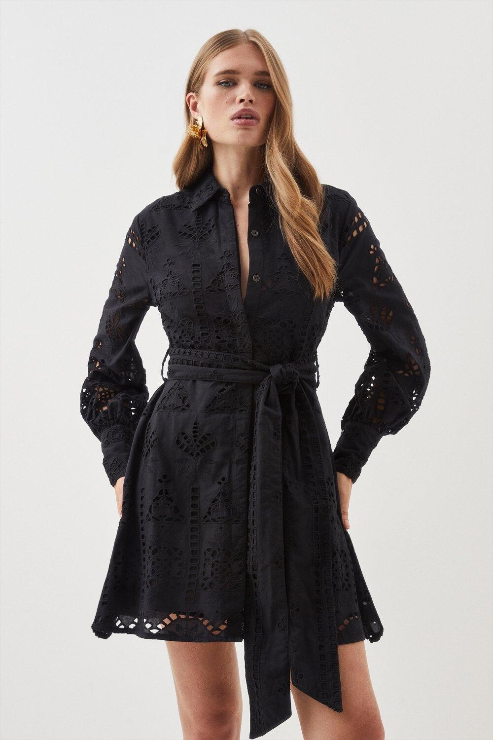 

Тканое мини-платье с поясом и хлопковой вышивкой Karen Millen, черный