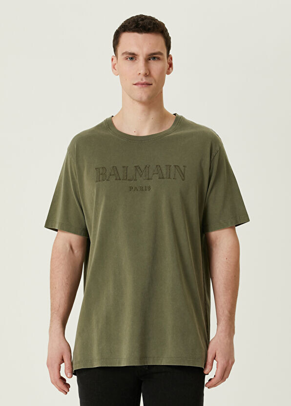

Футболка с вышитым логотипом Balmain, хаки
