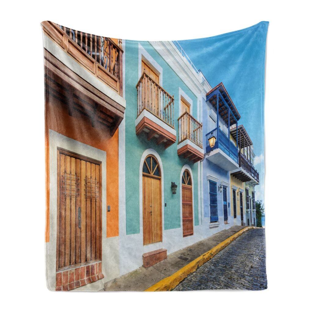 

ABAKUHAUS Puerto Rico Мягкое фланелевое флисовое одеяло, San Juan Streets Houses, уютный плюш для использования внутри и снаружи, 125 x 175 см, разноцветный