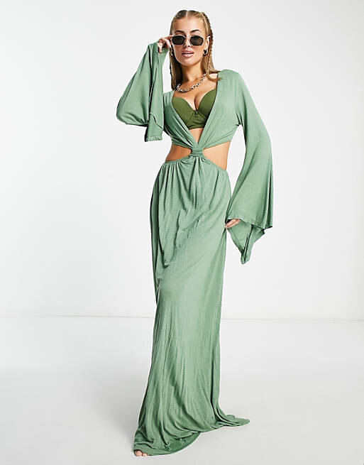 

Пляжное платье макси цвета хаки с пышными рукавами и вырезом на талии ASOS DESIGN