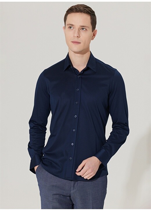 

Slim Fit Темно-синяя мужская рубашка с воротником на пуговицах Altınyıldız Classic