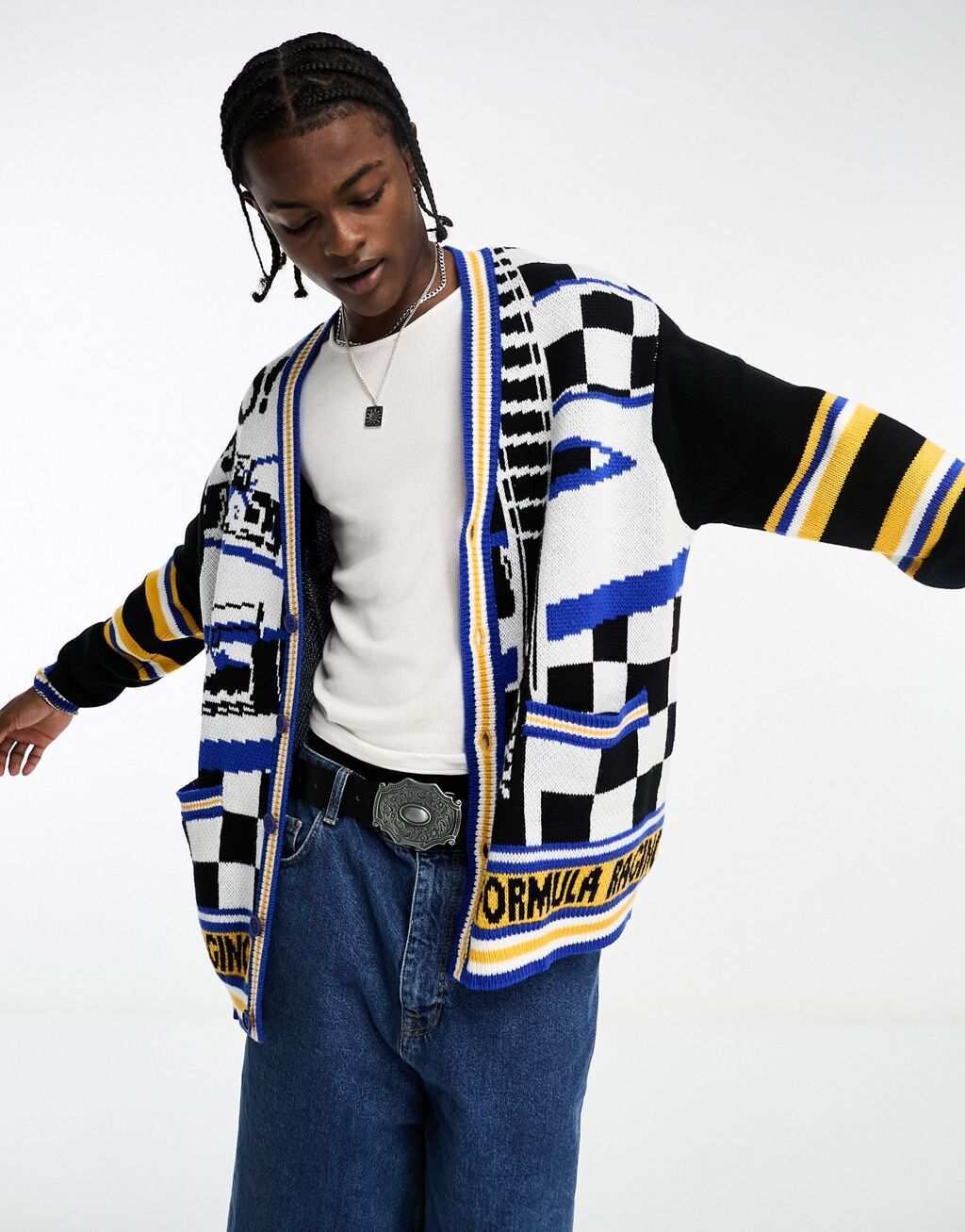 

Синий вязаный кардиган с изображением гоночного автомобиля ASOS DESIGN