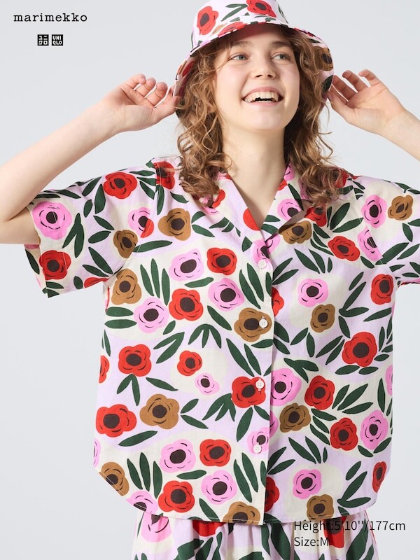 

Рубашка с коротким рукавом из льняной смеси открытый воротник Uniqlo, розовый