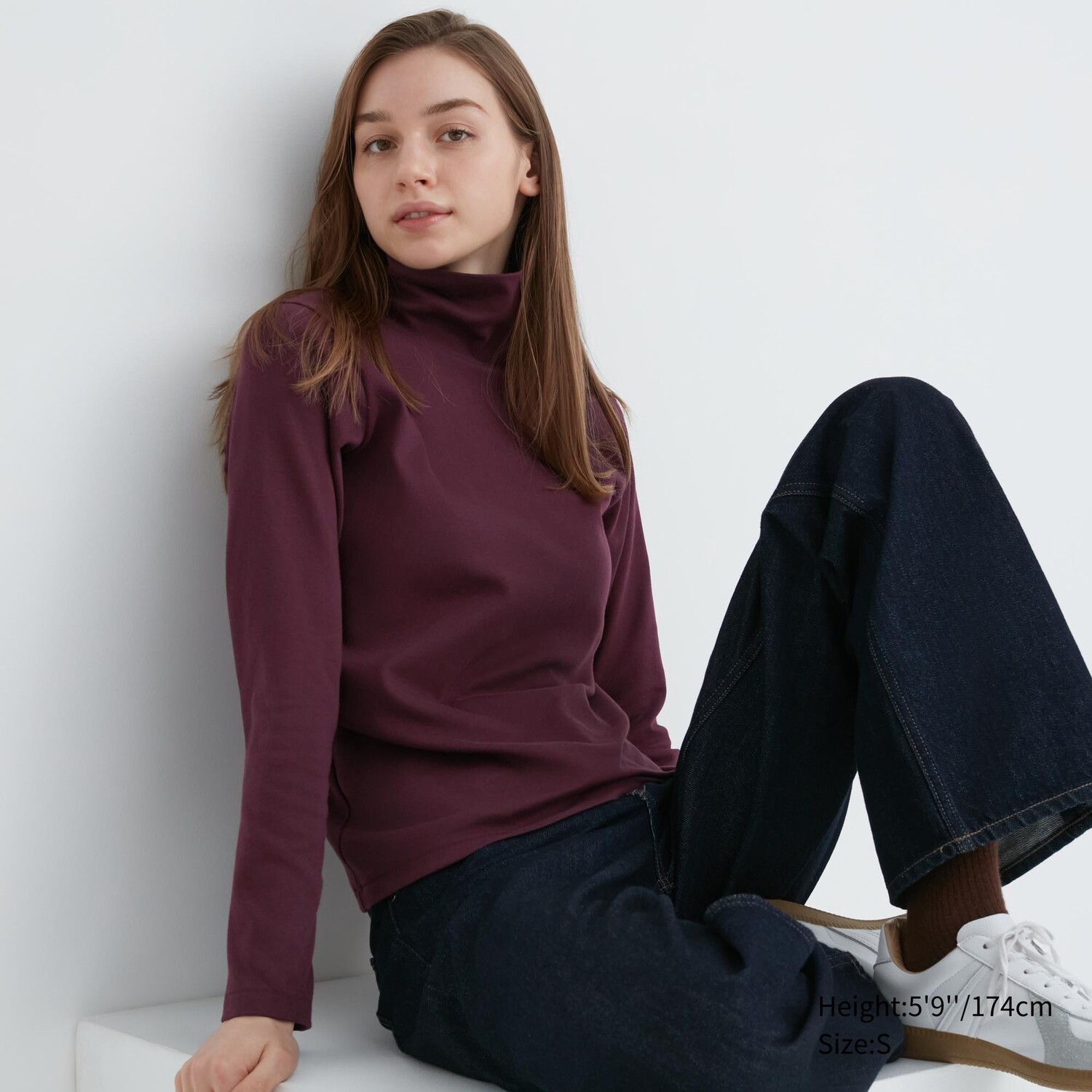 

Топ из гладкого хлопка стрейч с высоким воротником и длинными рукавами Uniqlo, бордовый