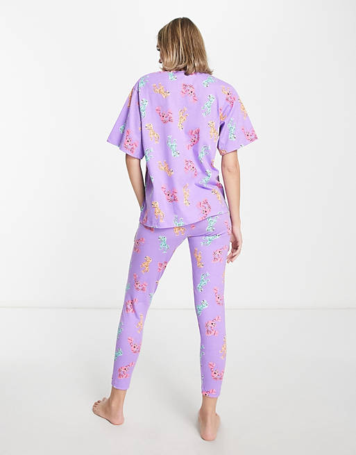 Фиолетовый объемный пижамный комплект из футболки и леггинсов ASOS DESIGN Petite с динозавром и лобстером