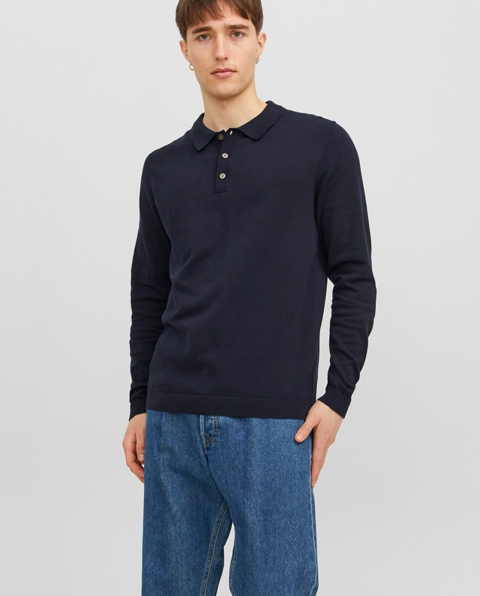 

Мужская трикотажная рубашка-поло с длинными рукавами Jack & Jones, темно-синий