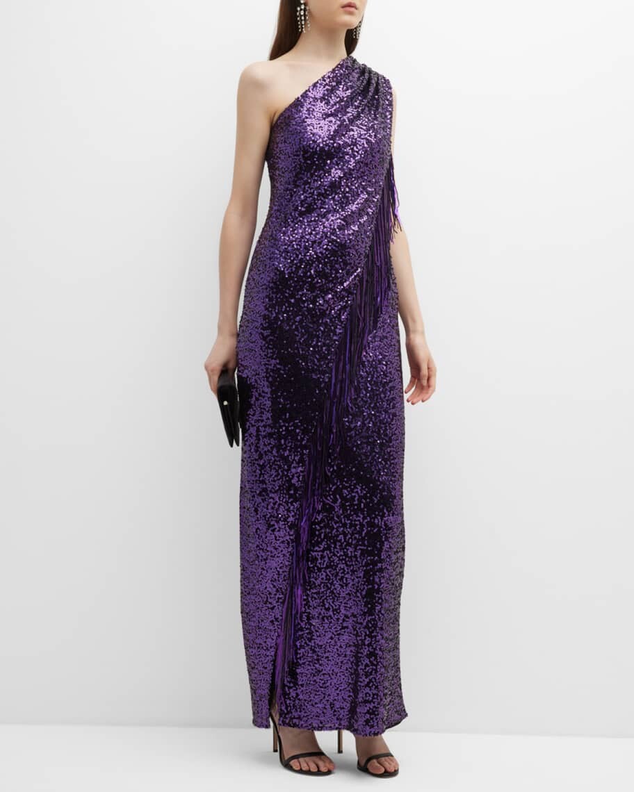 

Платье на одно плечо с бахромой и пайетками Badgley Mischka Collection