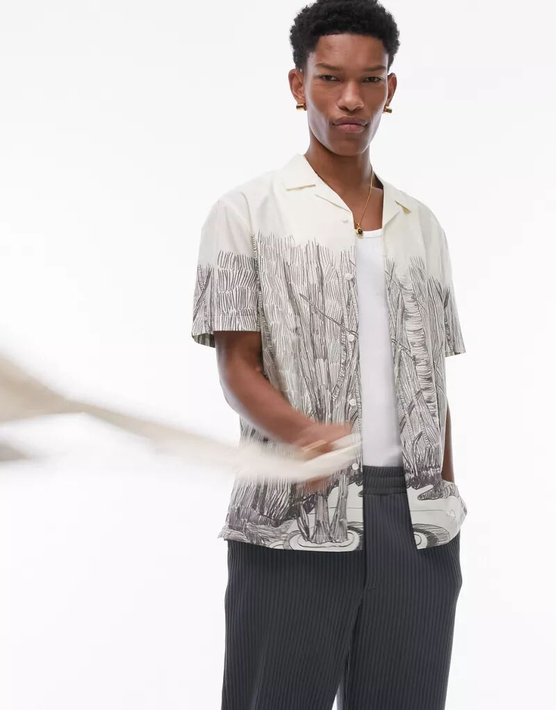 Рубашка свободного кроя Topman цвета экрю с короткими рукавами, воротником с лацканами и линопринтом ручной работы