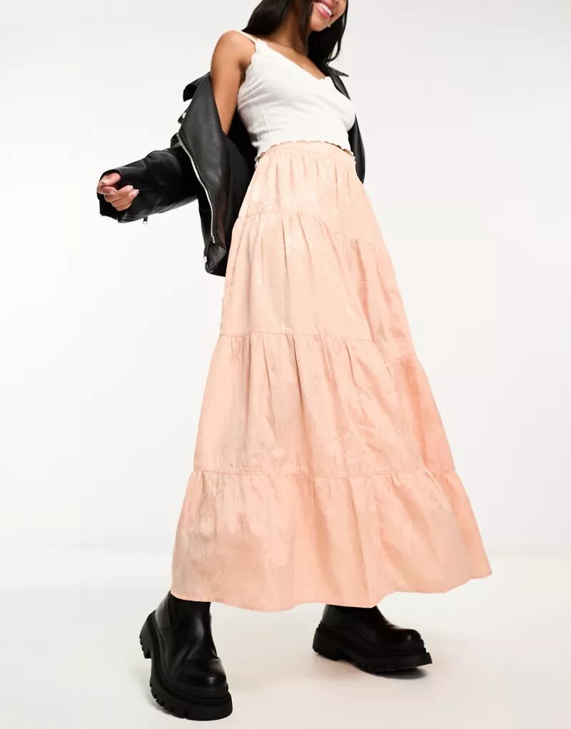 Miss Selfridge – нежно-розовая атласная жаккардовая юбка макси