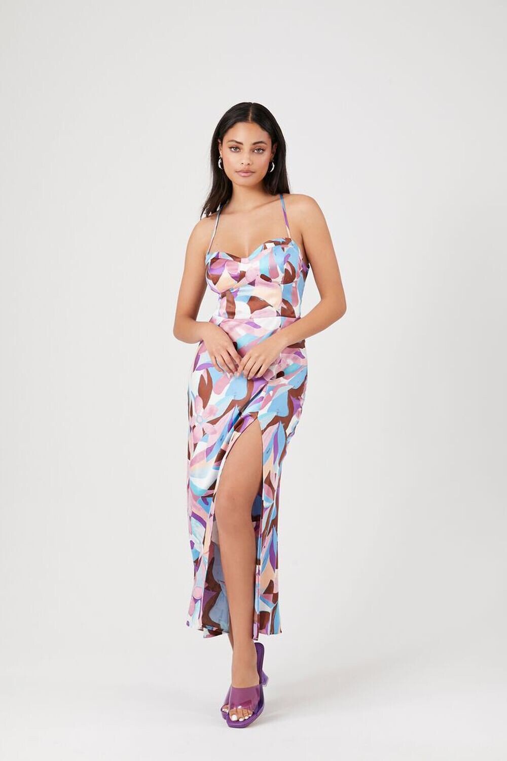 

Атласное платье на шнуровке с абстрактным принтом Forever 21, розовый