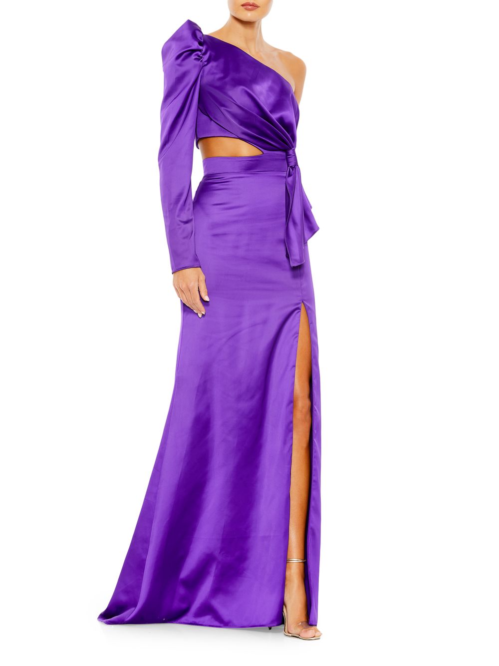 leena Атласное платье с одним рукавом и вырезами Mac Duggal, фиолетовый