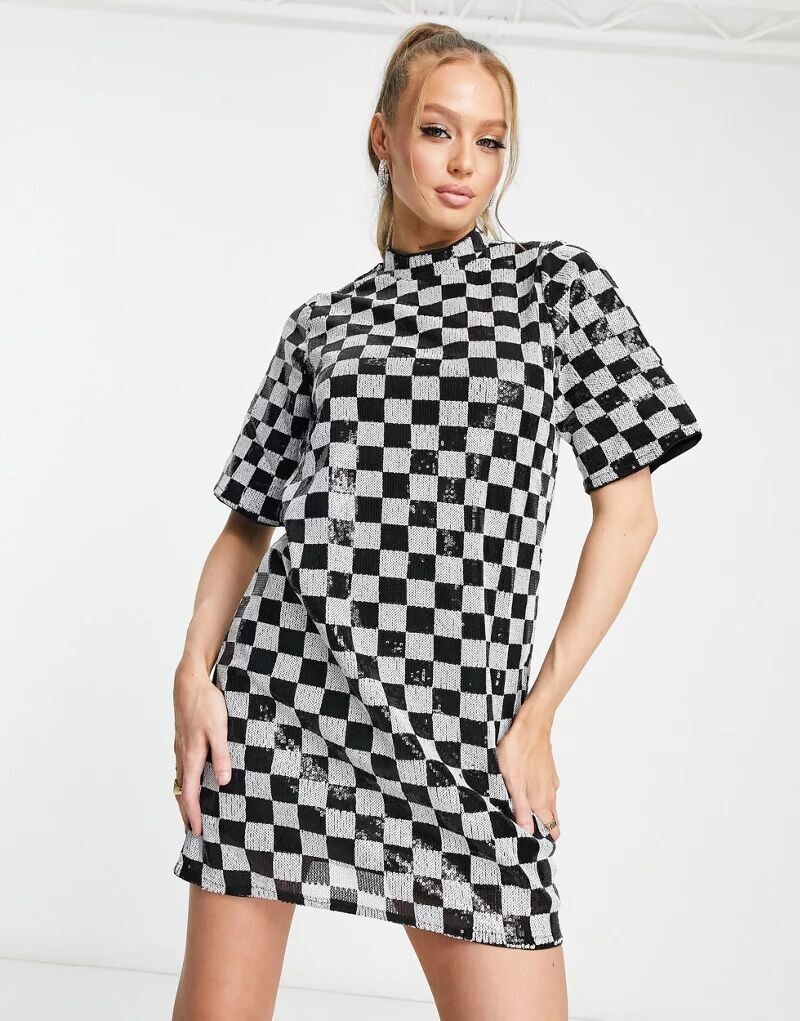 

Черно-белое мини-платье в шахматную клетку с пайетками Vero Moda