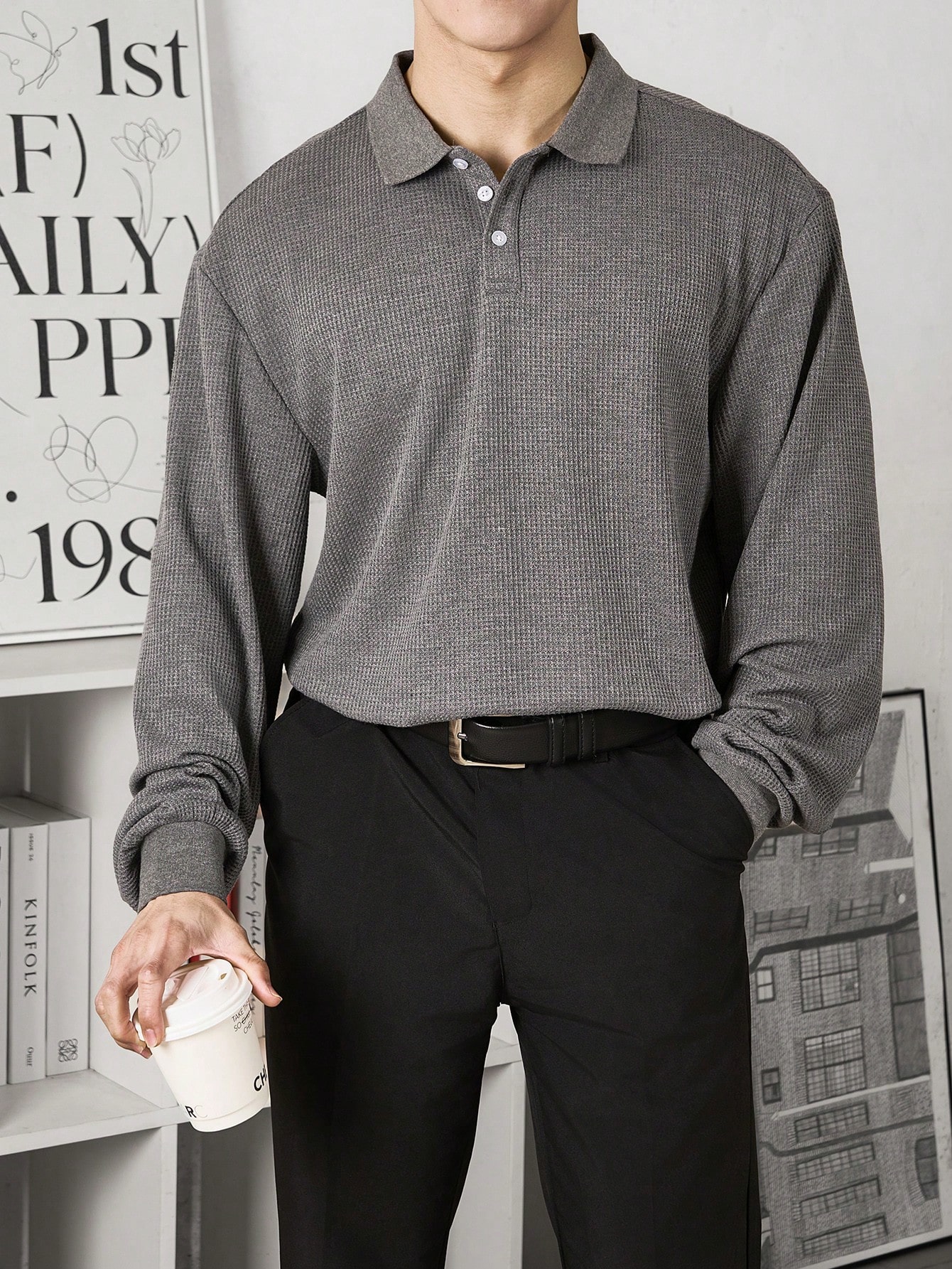 Мужская однотонная рубашка-поло с длинными рукавами и пуговицами Manfinity Homme, темно-серый рубашка с заниженными плечами и воротником 70 21 белый