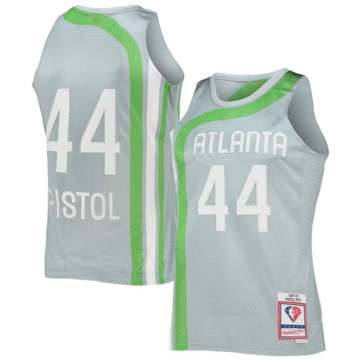 

Мужская майка Mitchell & Ness Pete Maravich Silver Atlanta Hawks 75th Anniversary 1971-72 Hardwood Classics Swingman Джерси