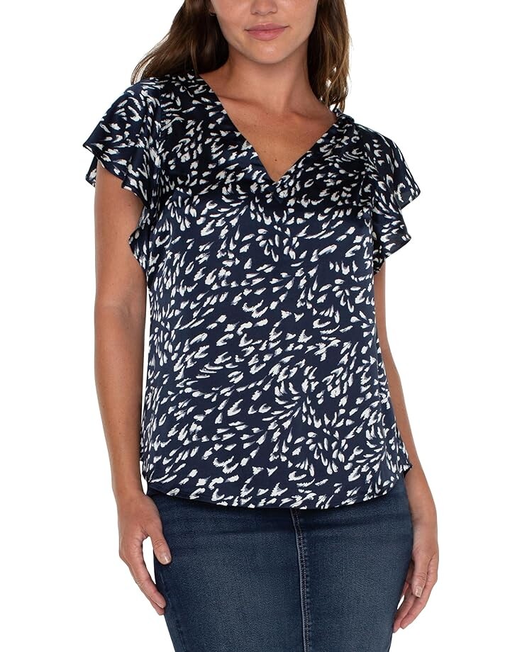 

Топ Liverpool Los Angeles Double V-Neck Flutter Sleeve Stretch Satin, нави