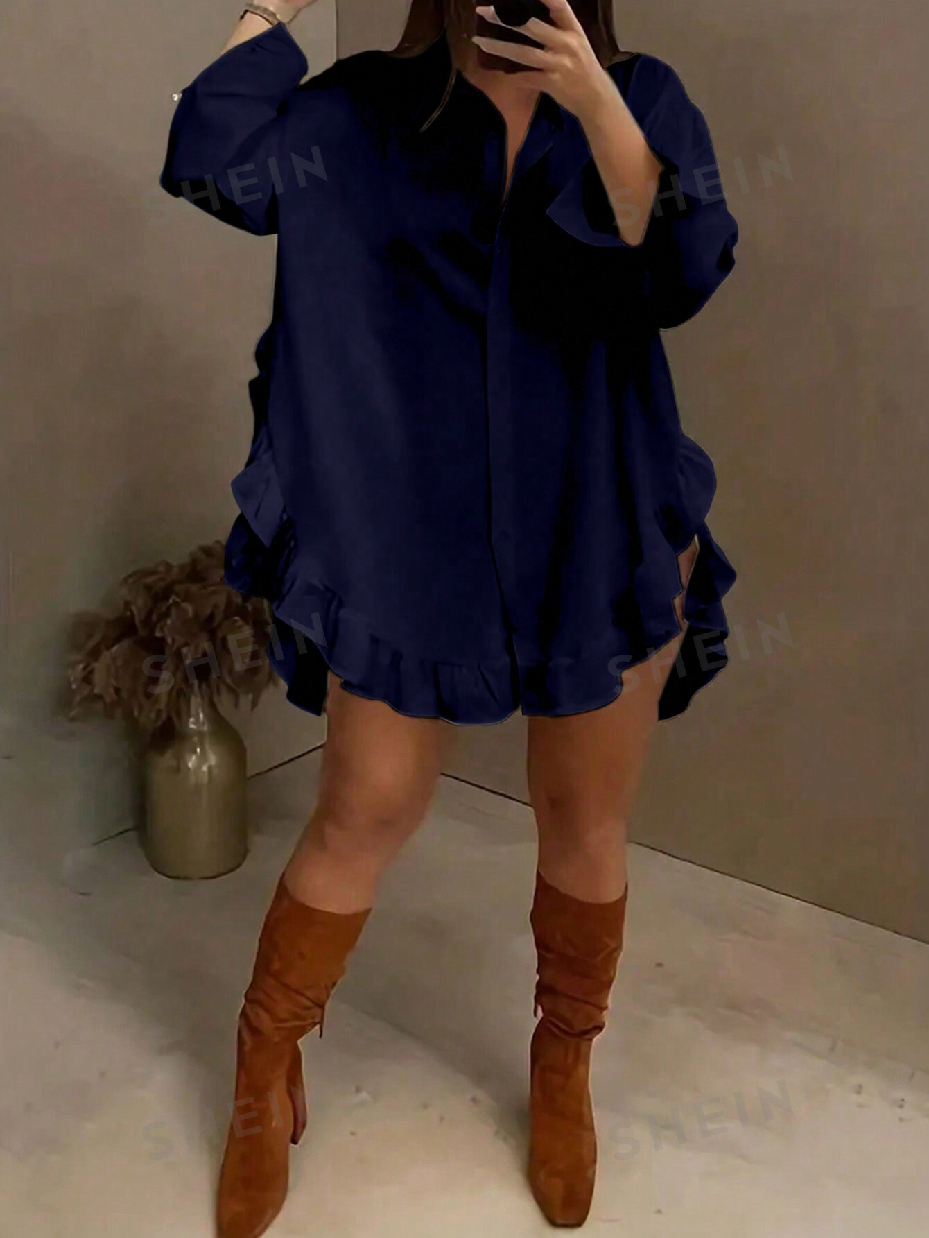 SHEIN Privé женская однотонная рубашка с отложным воротником и рюшами на подоле, темно-синий женская однотонная рубашка с отложным воротником повседневная модная свободная простая блузка средней длины с двойными карманами и длинн