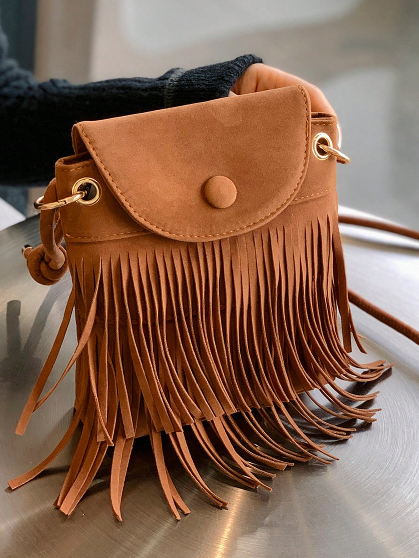 Модная винтажная замшевая сумка через плечо с бахромой, коричневый