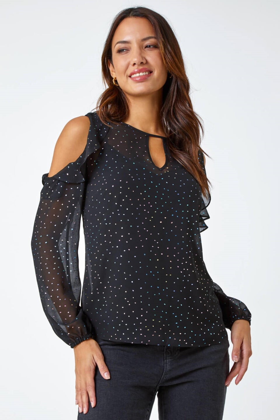 

Топ с рюшами и жабо Roman Black Metallic Spot