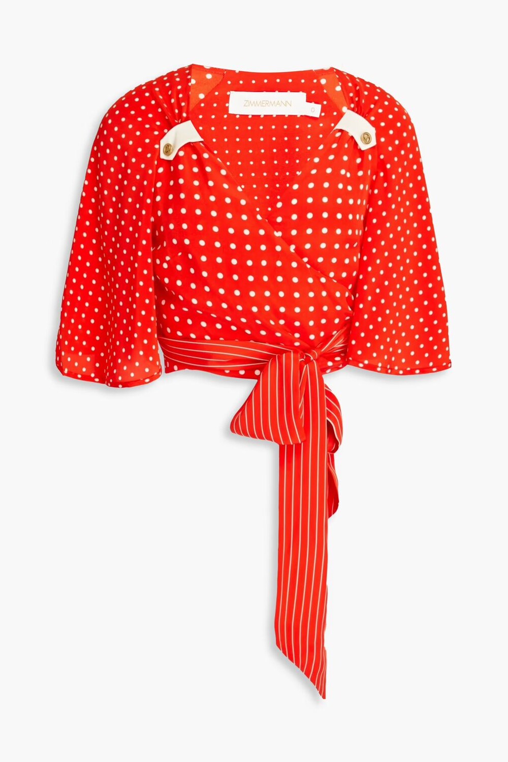 

Укороченный топ с запахом из шелкового крепдешина в горошек Zimmermann, цвет Tomato red