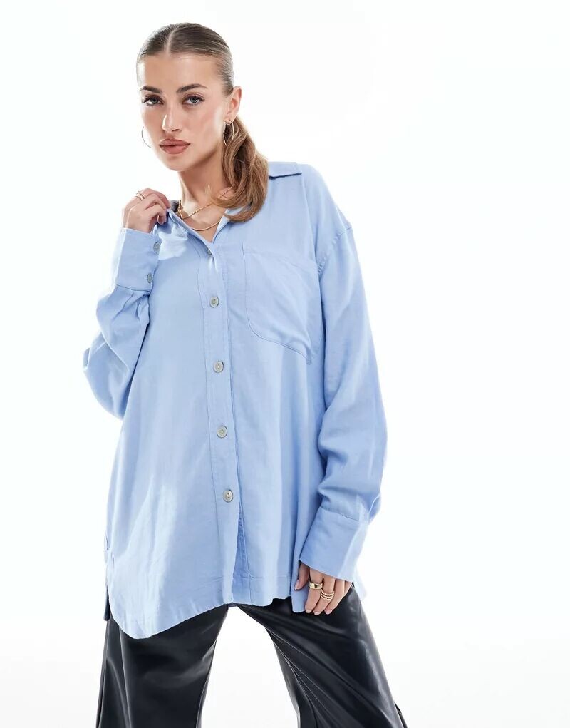 

Синяя льняная рубашка оверсайз River Island