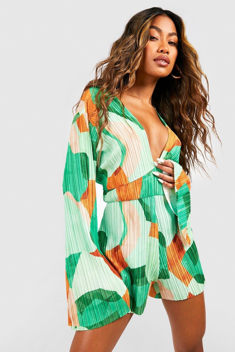 

Комбинезон с абстрактными плиссированными рукавами Boohoo, зеленый