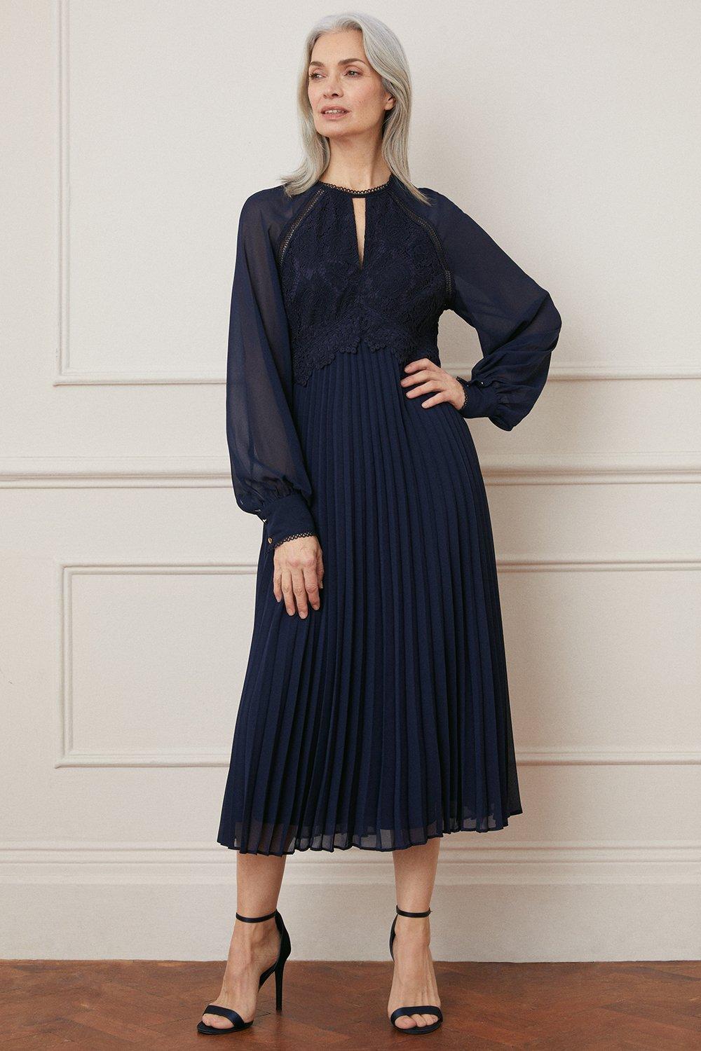 цена Плиссированное платье миди с кружевными вставками Wallis, темно-синий