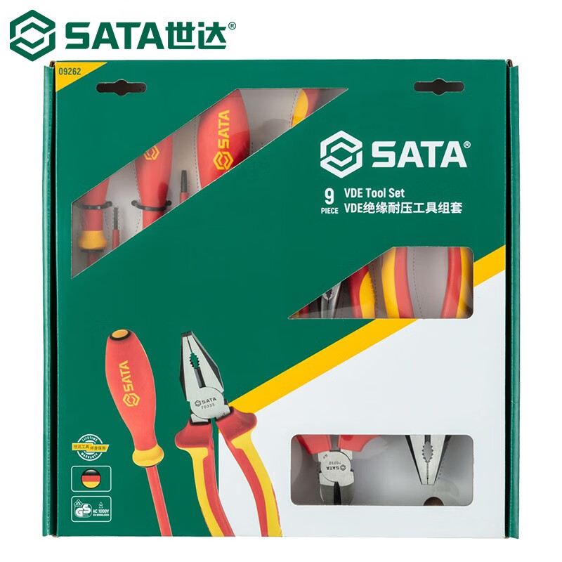 SATA 09262 Кусачки для изолированной проволоки высокого напряжения, острогубцы, диагональные плоскогубцы, набор отверток VDE1000V, набор инструментов, устойчивых к напряжению, хромованадиевая сталь, набор из 9 предметов