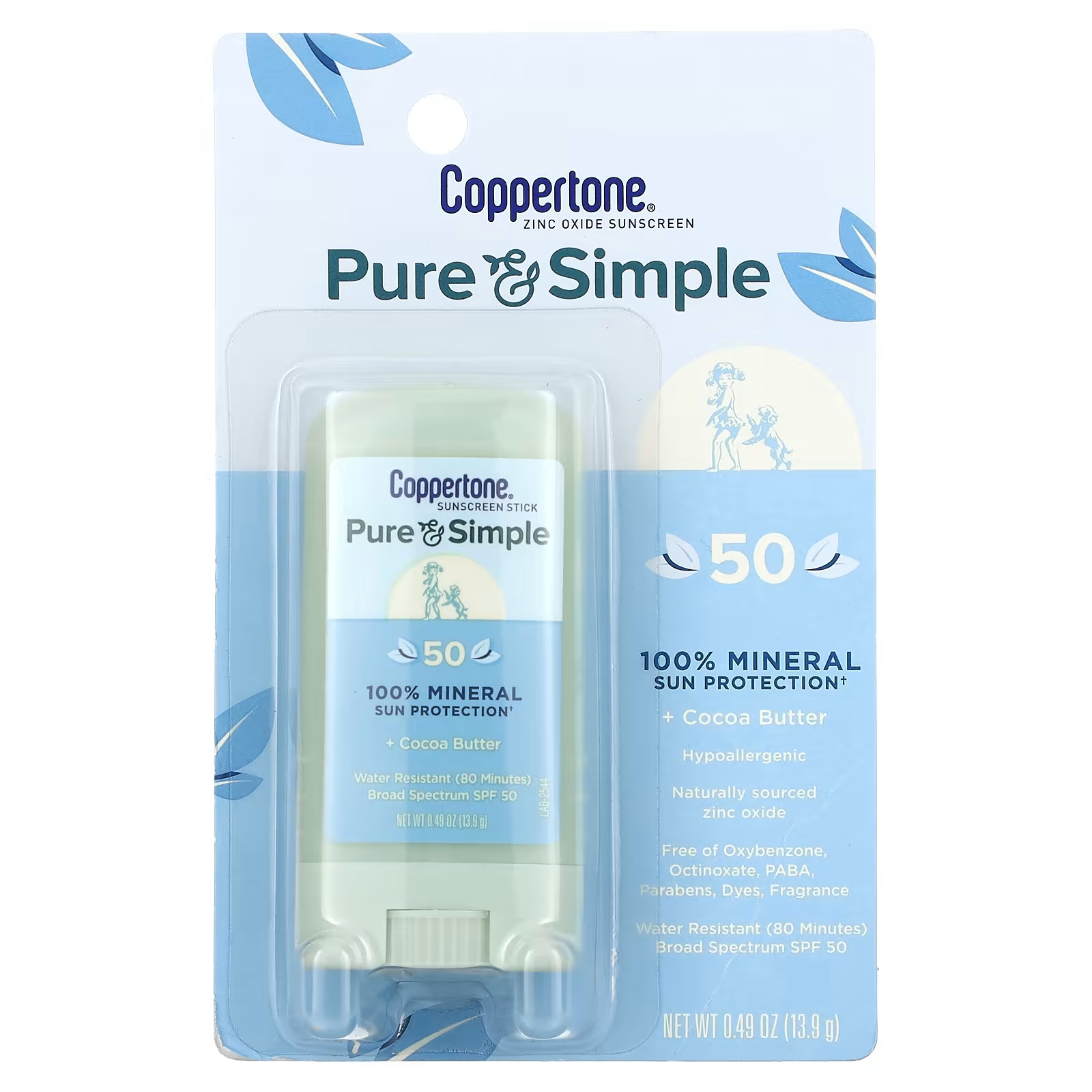 Солнцезащитное средство Coppertone Pure & Simple Sunscreen Stick SPF 50 с маслом какао, 13,9 г coppertone pure
