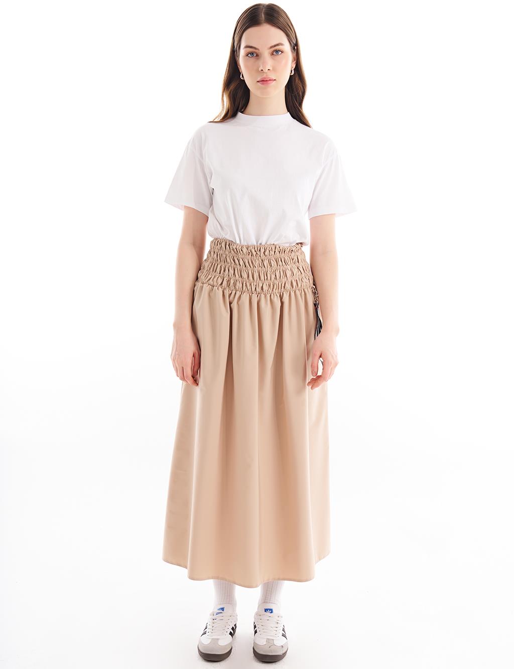 Аксессуар на эластичной талии Детализированная юбка бежевого цвета Kayra плиссированная юбка на пуговицах цвета бежевого песка kayra