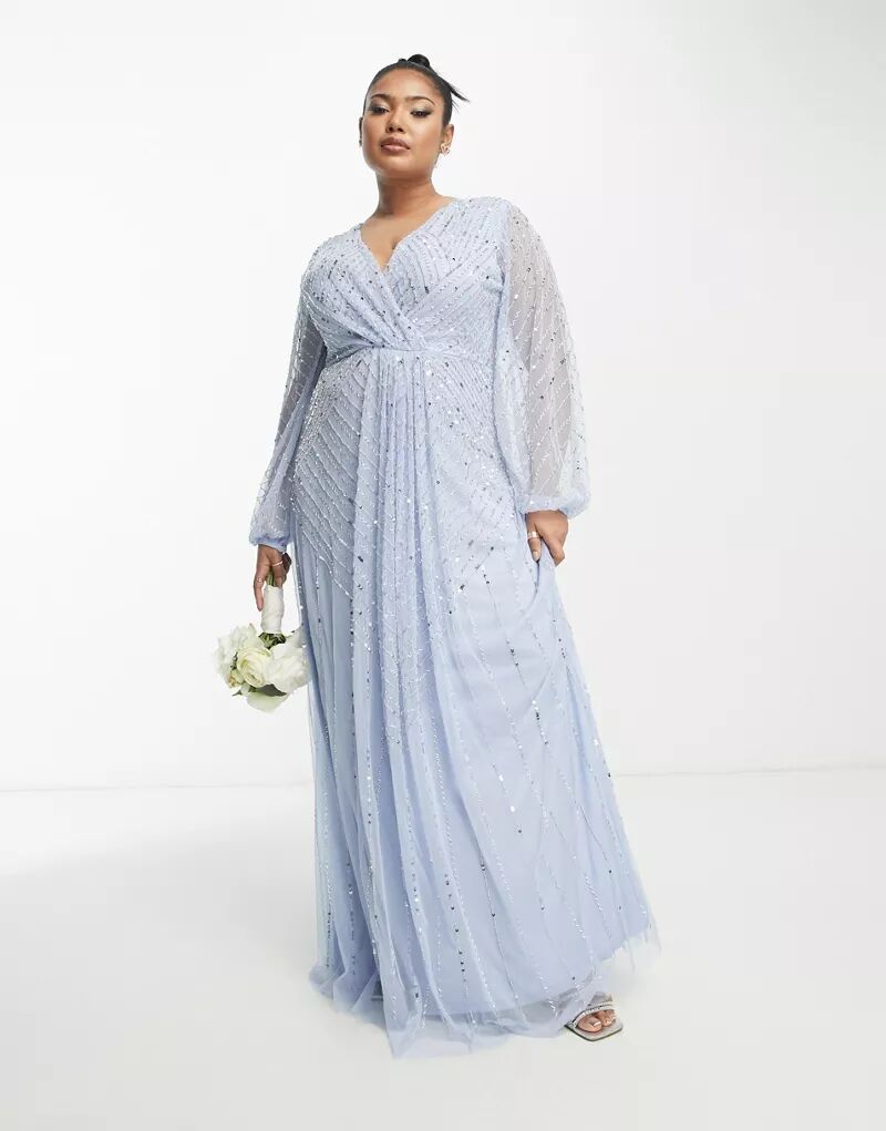 Платье для подружек невесты с глубоким V-образным вырезом и рюшами синего цвета с бусинами Frock and Frill Plus