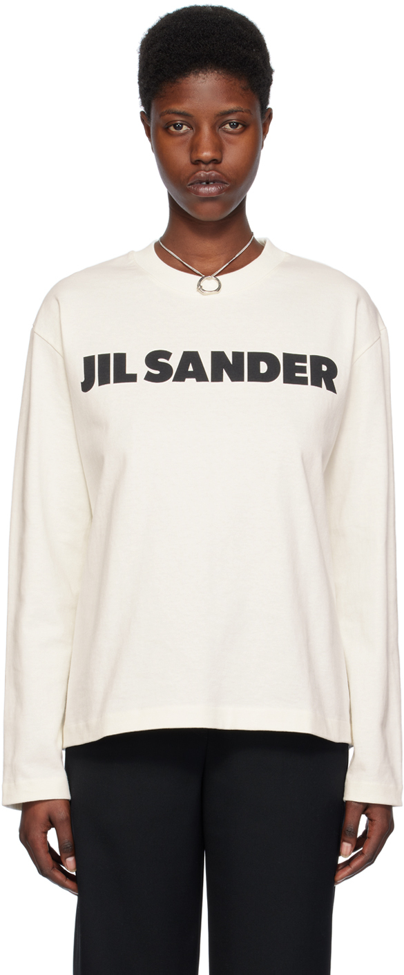 Кремового цвета футболка с длинным рукавом и круглым вырезом Jil Sander