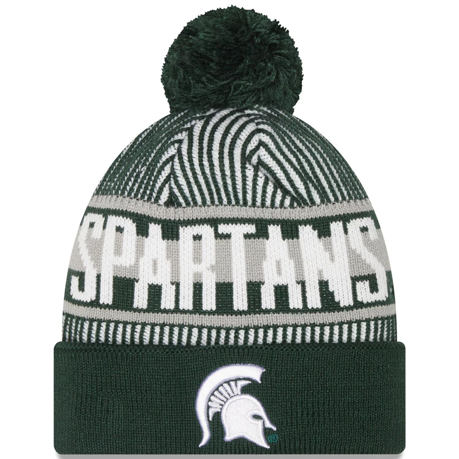 

Мужская зеленая вязаная шапка New Era Michigan State Spartans в полоску с манжетами и помпоном