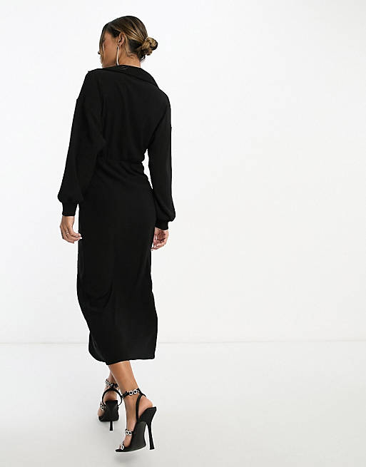 Черное фактурное платье миди с запахом и воротником ASOS DESIGN