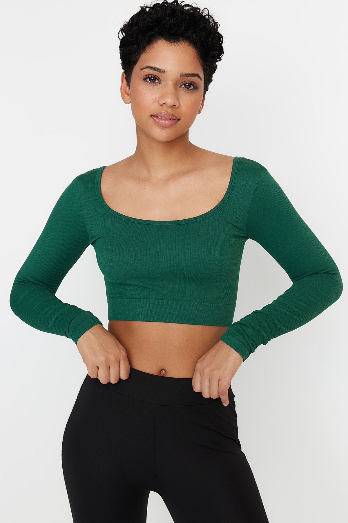 Блузка Trendyol спортивная укороченная с квадратным вырезом, зеленый