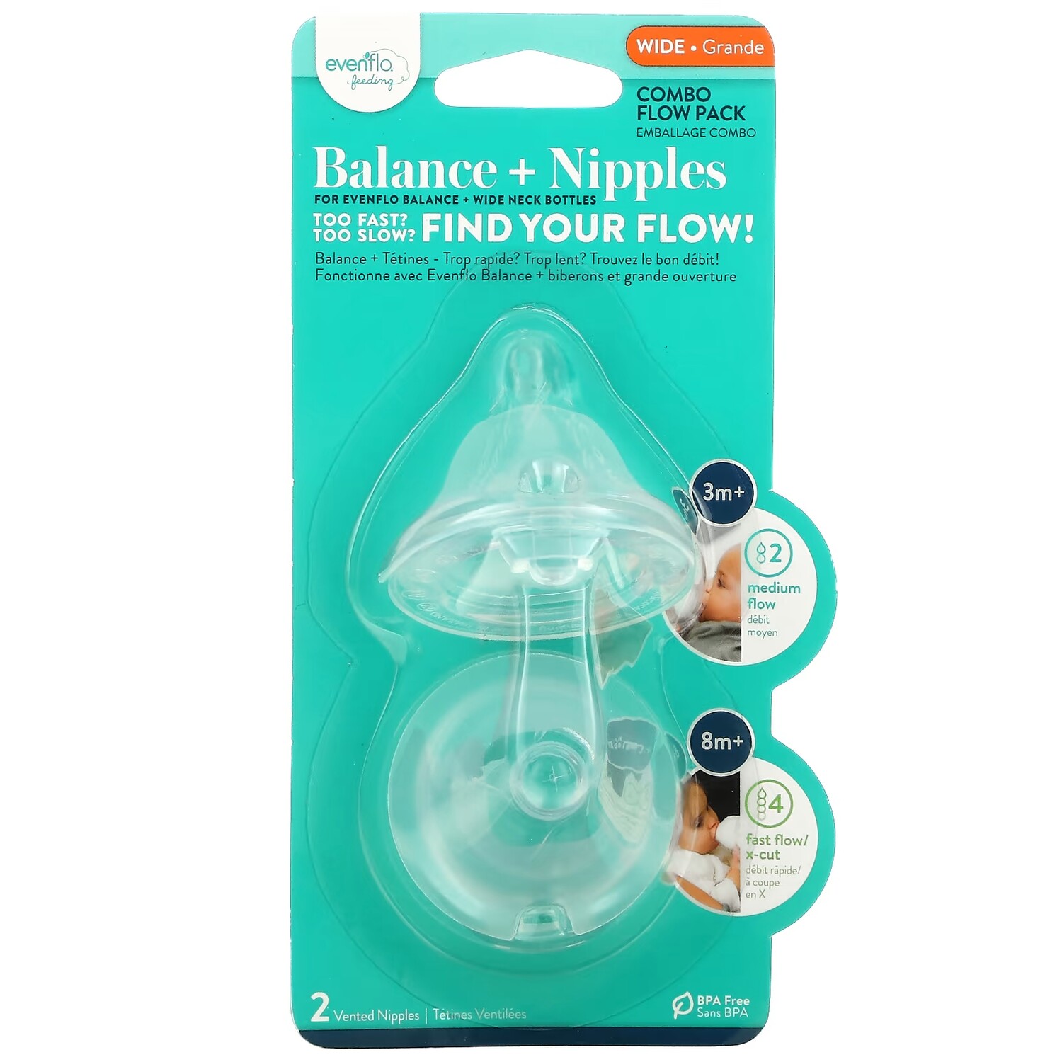 

Evenflo Feeding, Balance + Nipples, Combo Flow Pack, широкий, от 3 месяцев, средний, 2 вентилируемые соски