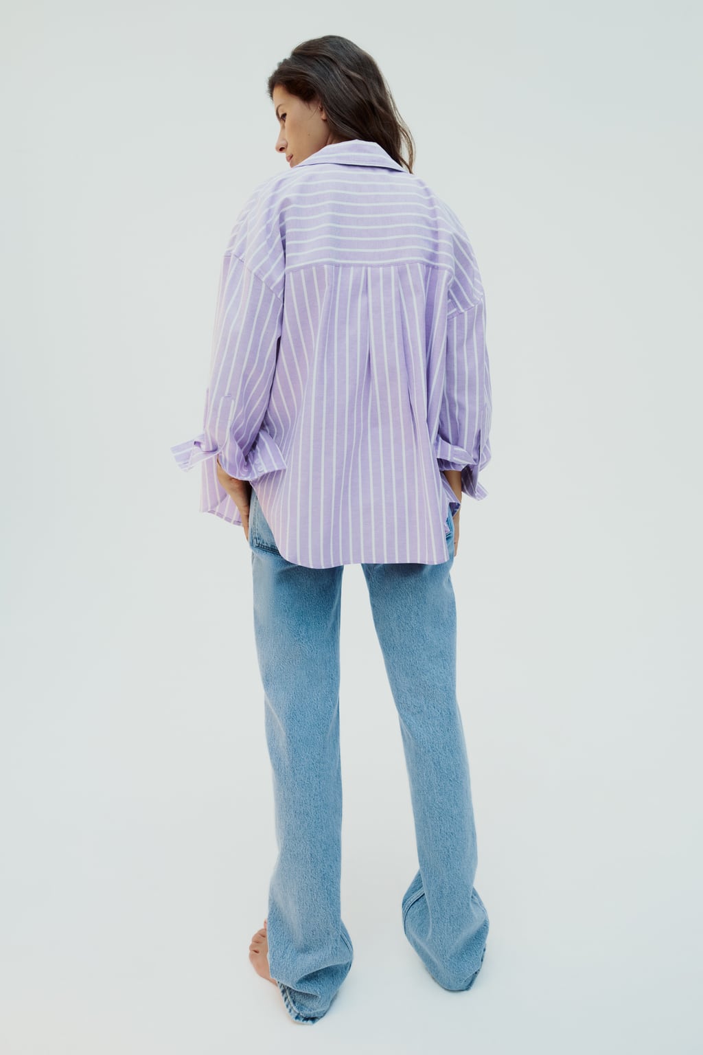 Полосатая оксфордская рубашка ZARA, сиреневый/белый мужская однотонная рубашка с длинными рукавами повседневная однобортная облегающая рубашка с воротником стойкой весна осень 2021