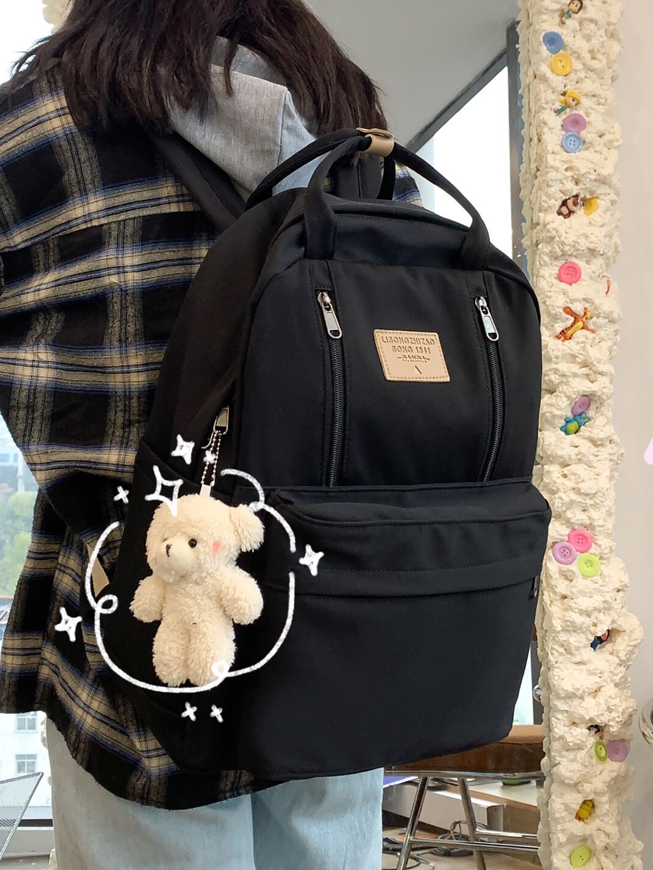 Портативный функциональный рюкзак с буквенной нашивкой и мультяшной сумкой, черный