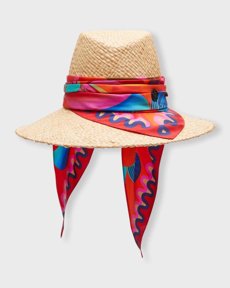 

Kate Raffia Straw Fedora с шелковым шарфом Maison Michel