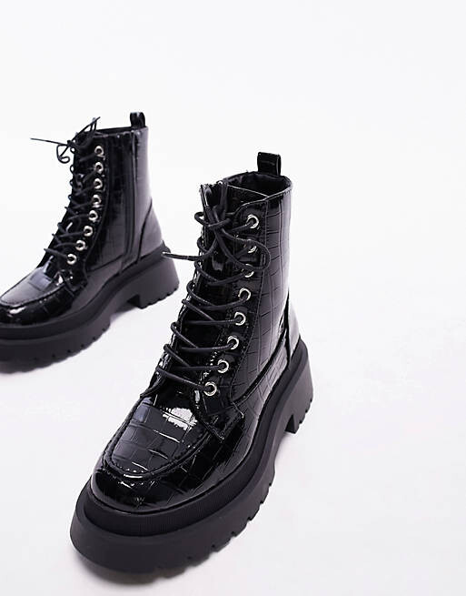 

Черные массивные ботинки на шнуровке из кожи крокодила Topshop Kara, Черный