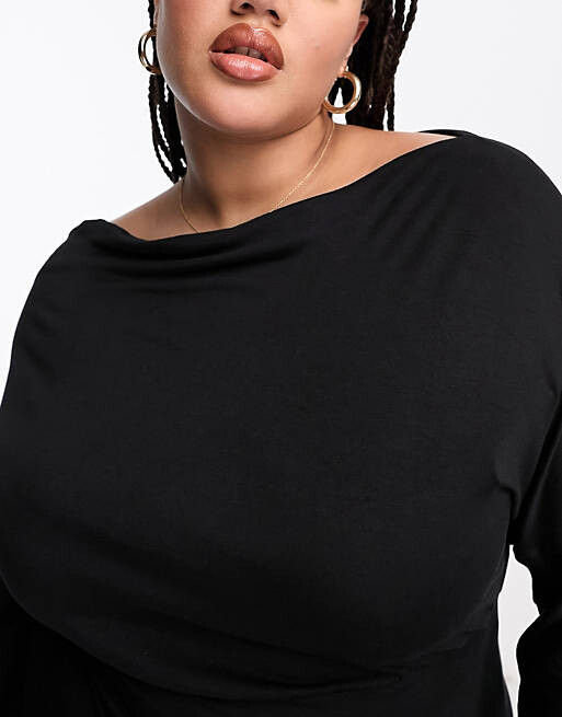 

Черное платье миди с открытыми плечами и длинными рукавами ASOS DESIGN Curve