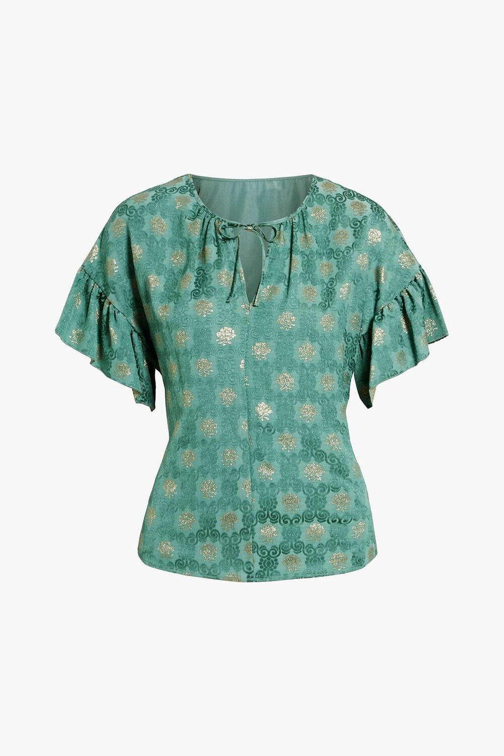 

Жаккардовый топ с рюшами и эффектом металлик. REDVALENTINO, бирюзовый