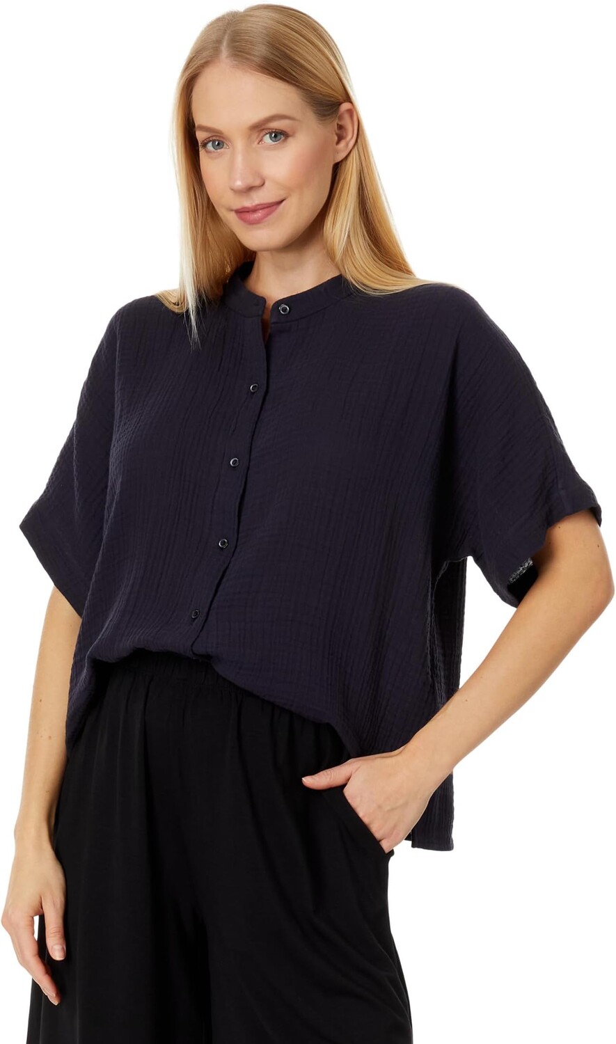 

Рубашка с воротником-стойкой и коротким рукавом Eileen Fisher, цвет Nocturne