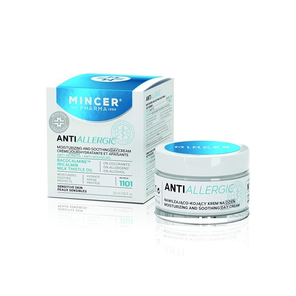 Mincer Pharma Противоаллергический увлажняющий и успокаивающий дневной крем для лица для чувствительной кожи с бакокальмином, ирикалмином и маслом расторопши 50 мл, Mincer Est. Pharma 1989