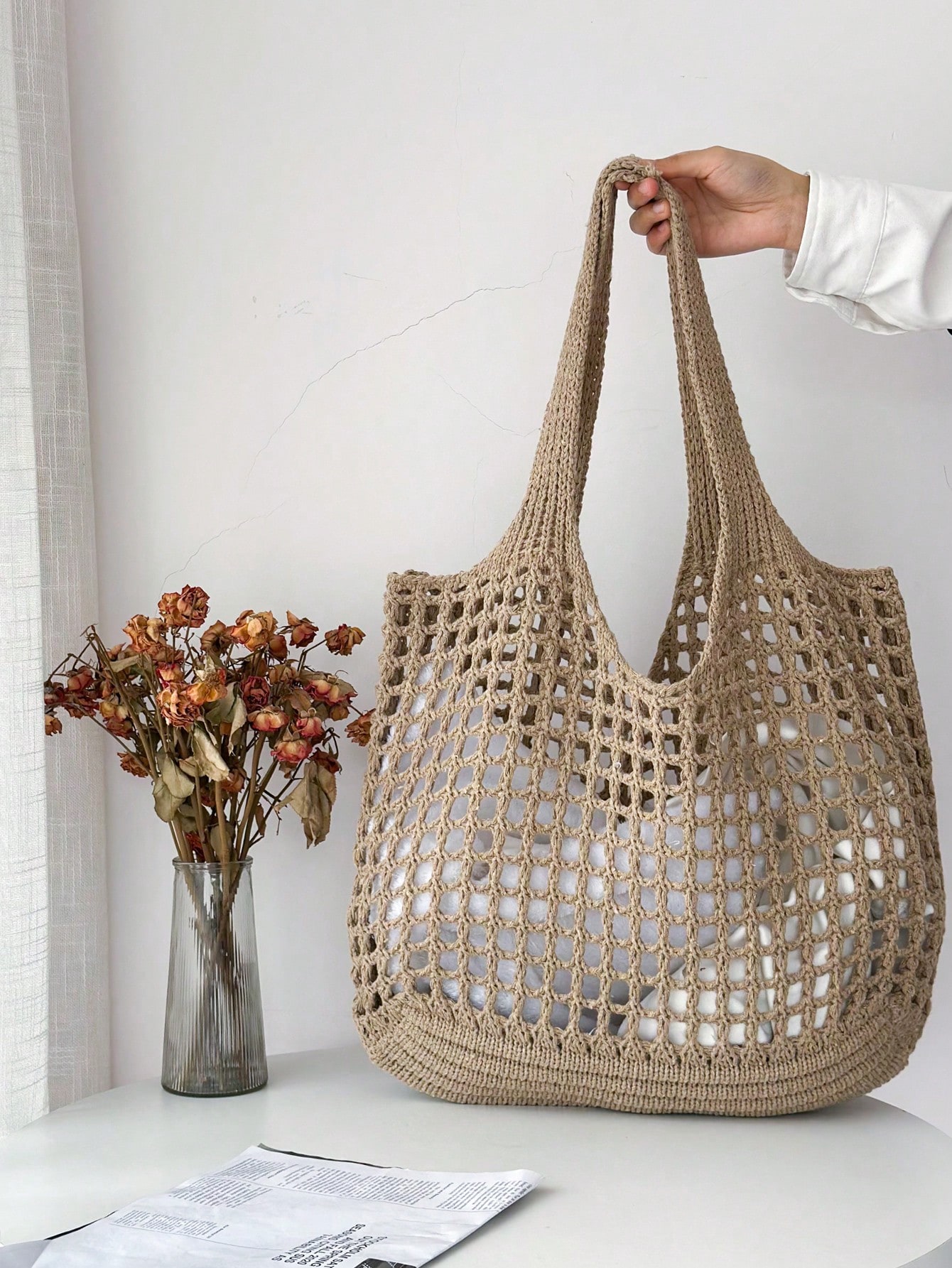 Легкая полая плетеная сумка для покупок для женщин, хаки портативная сумка для покупок складные сумки для супермаркета удобная вместительная продуктовая сумка для путешествий