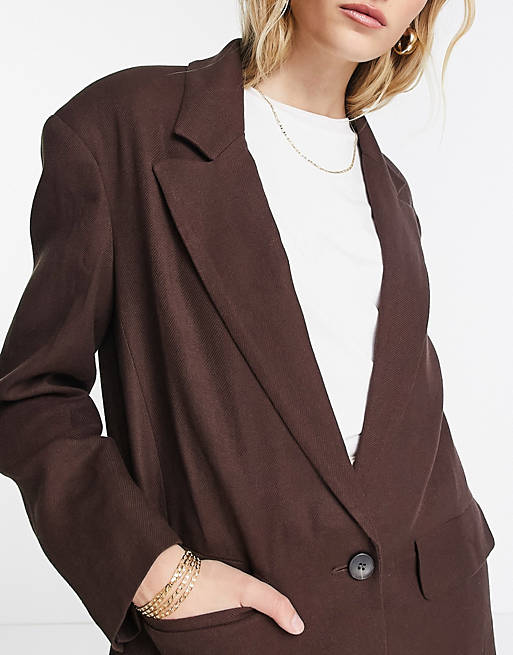 Свободный однобортный пиджак оверсайз Topshop шоколадно-коричневого цвета блейзер оверсайз шоколадно коричневого цвета jdy