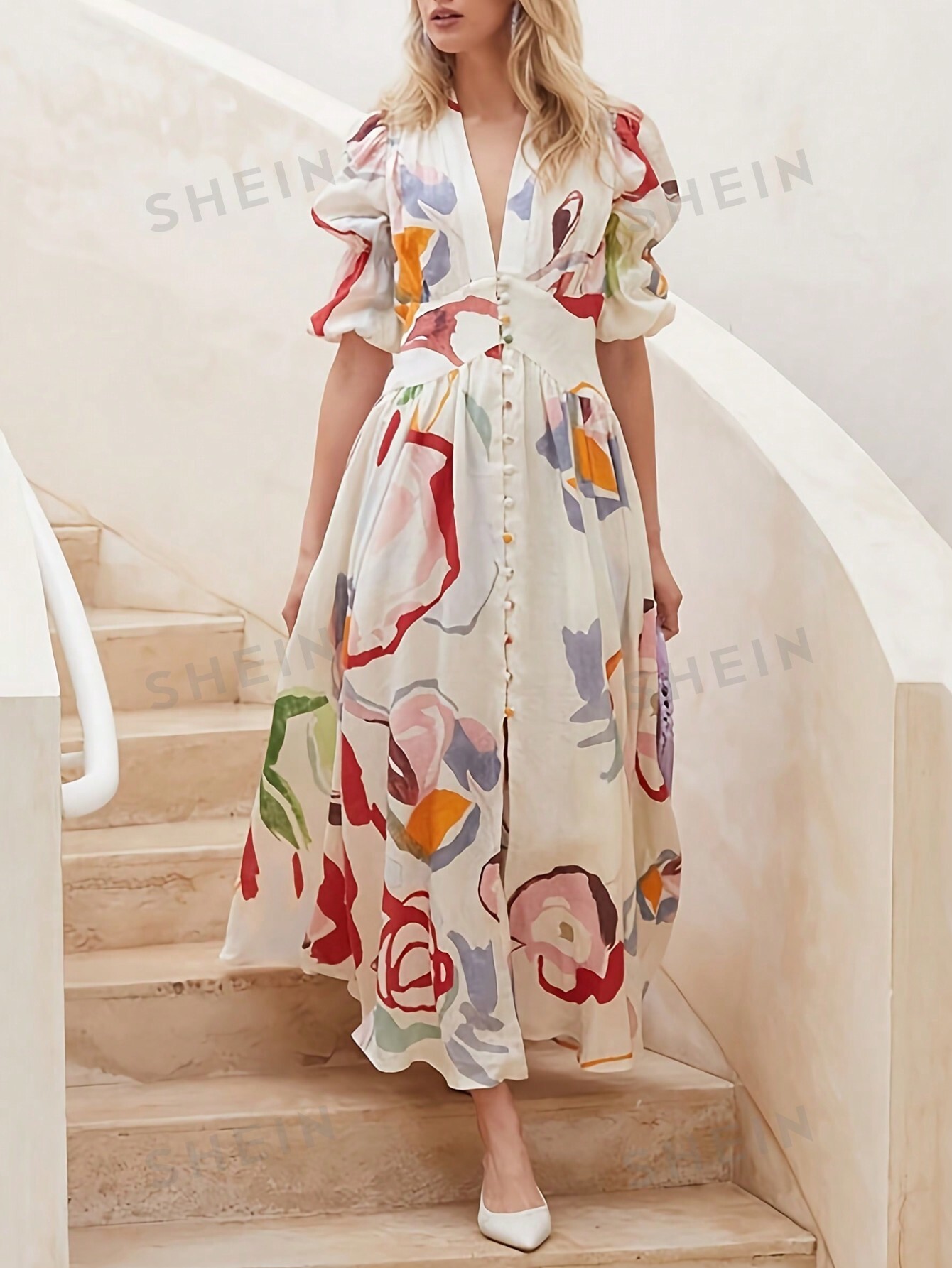 цена SHEIN Privé Свободное платье с короткими рукавами и V-образным вырезом с узором и принтом, бежевый