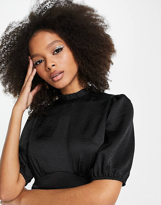 

Черное атласное платье мини с высоким воротником и пышными рукавами ASOS DESIGN