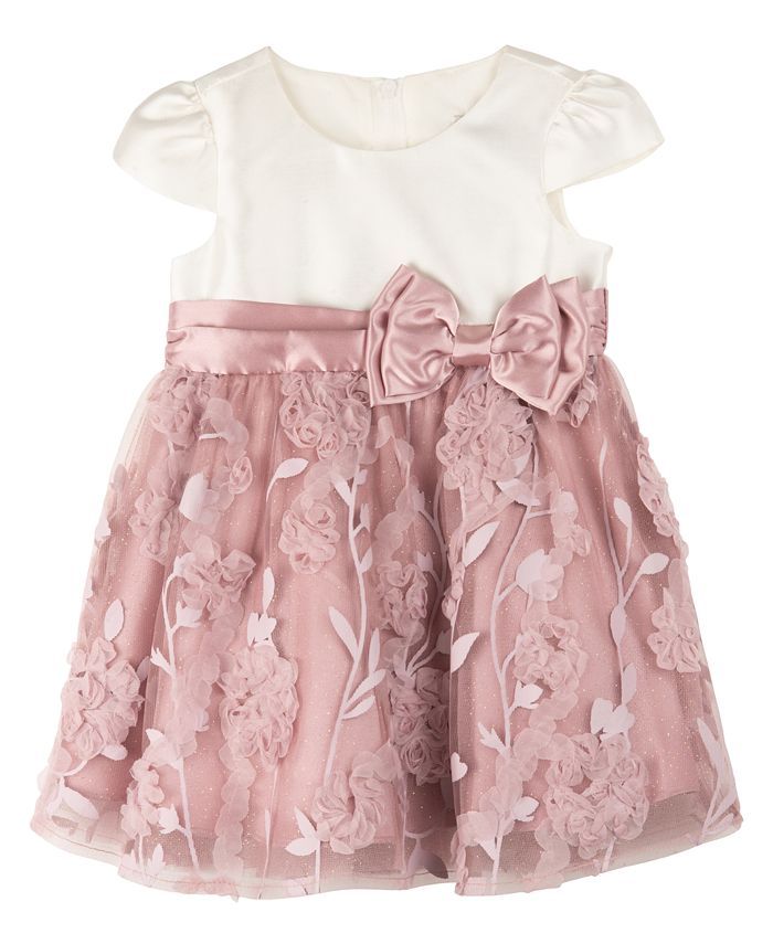 Платье для маленьких девочек с розочками Rare Editions, розовый платье с кружевными рукавами и двойным бантом для маленьких девочек rare editions