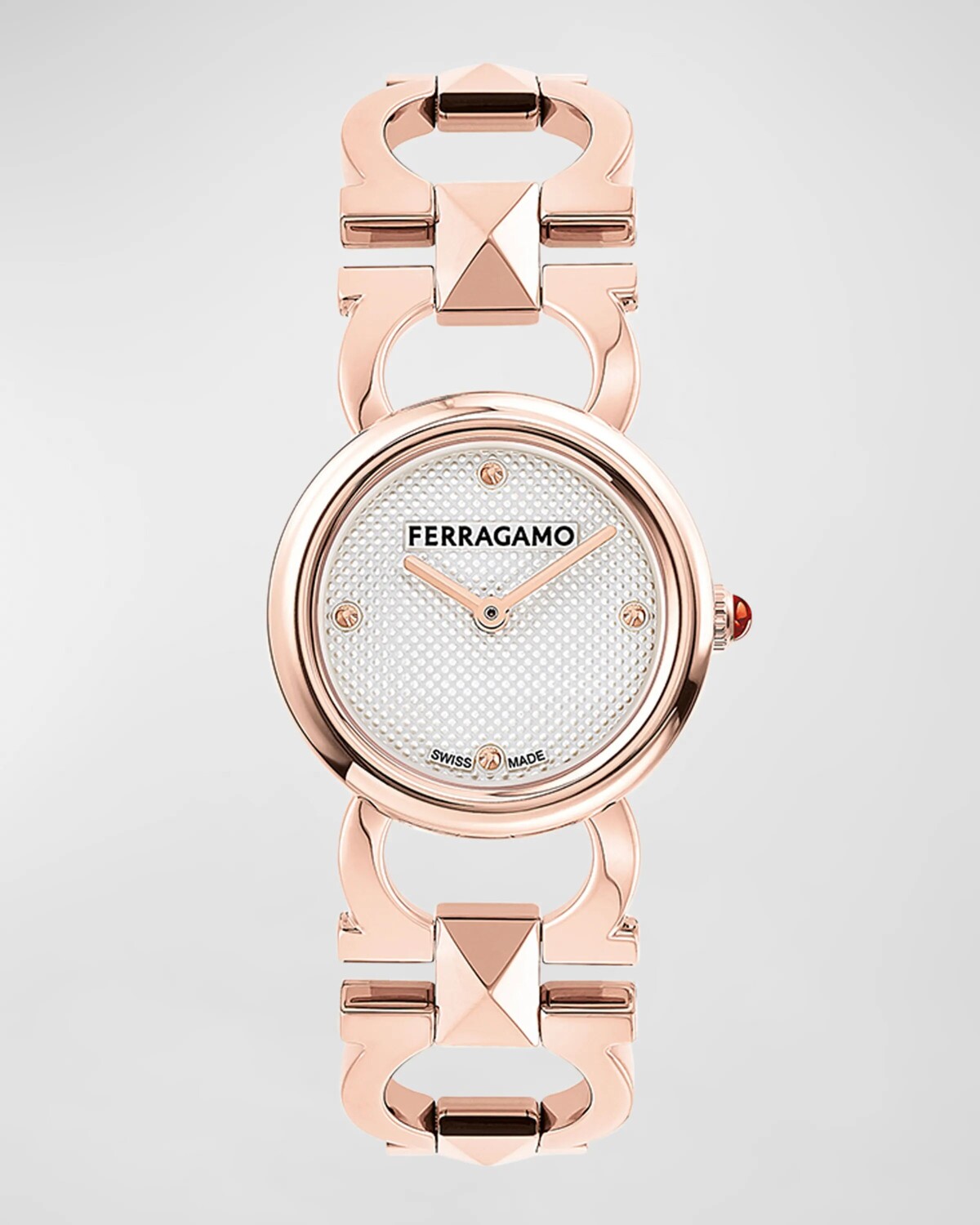 

Часы Double Gancini с заклепками, 25 мм, серебряный циферблат, розовое золото Ferragamo, цвет Rose Gold